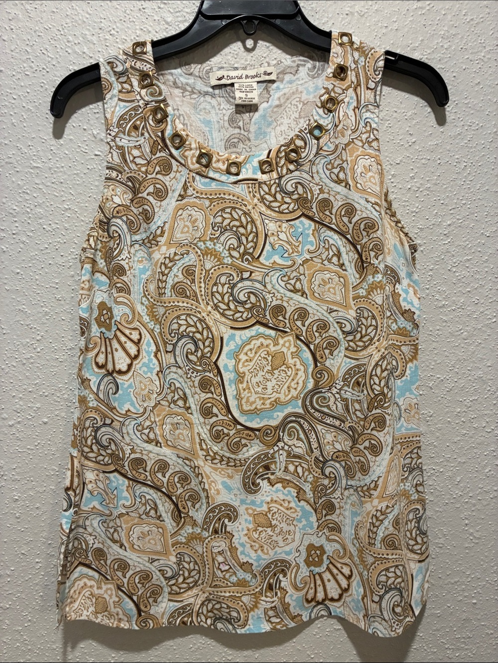 david brooks Linen Beige & Light Blue Paisley Tank with Decorative Neckline